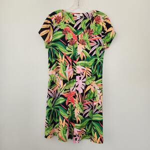 Go Softly Patio Muu Muu Dress Women's S Zip Front Cotton Blend Green Pink Leaf